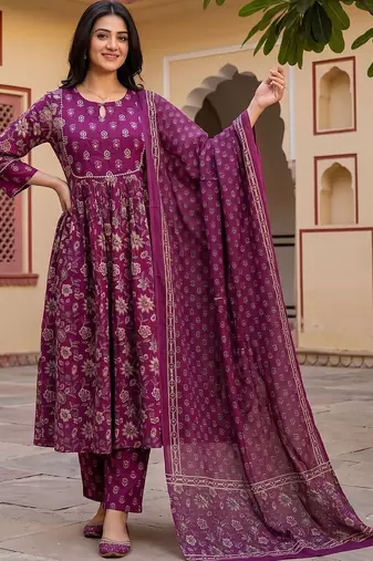 Women Floral Printed Empire Pure Cotton Kurta with Trousers & With Dupatta