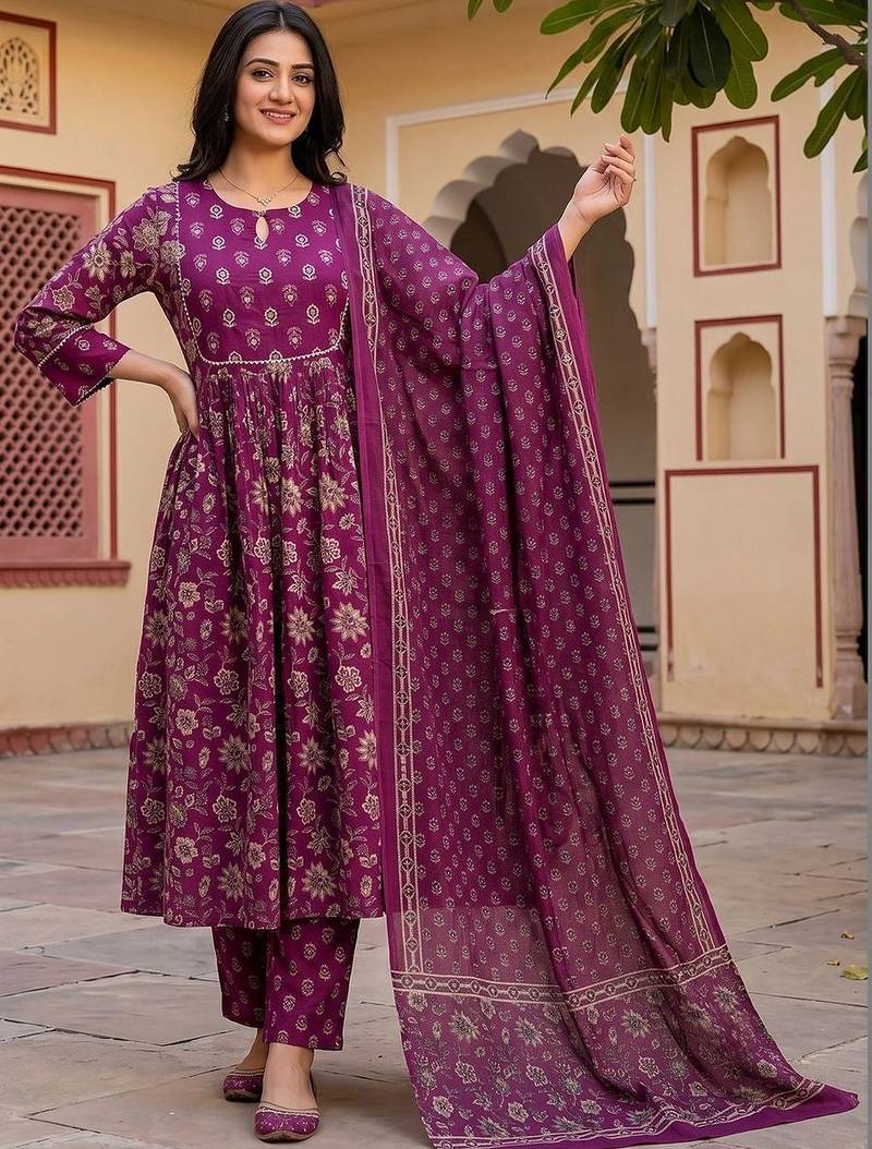 Women Floral Printed Empire Pure Cotton Kurta with Trousers & With Dupatta