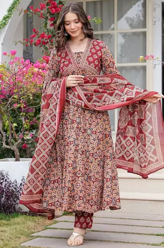 Women Floral Printed Layered Mirror Work Pure Cotton Kurta with Trousers & With Dupatta