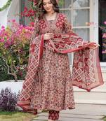 Women Floral Printed Layered Mirror Work Pure Cotton Kurta with Trousers & With Dupatta