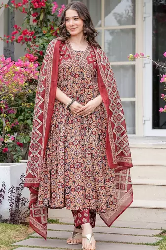 Women Floral Printed Layered Mirror Work Pure Cotton Kurta with Trousers & With Dupatta