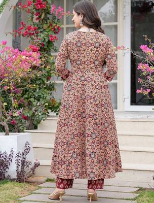 Women Floral Printed Layered Mirror Work Pure Cotton Kurta with Trousers & With Dupatta 4