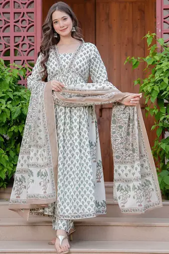 Women Floral Printed Empire Mirror Work Pure Cotton Kurta with Trousers & With Dupatta