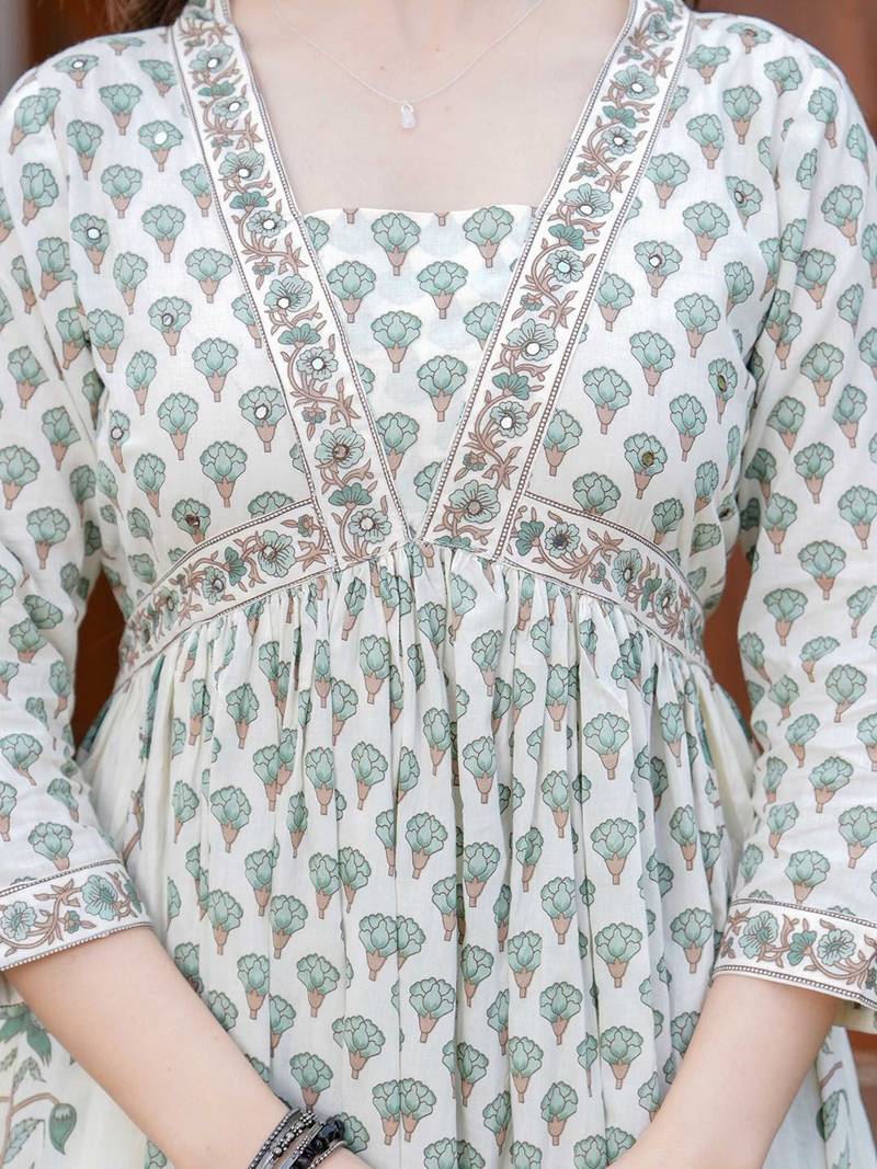 Women Floral Printed Empire Mirror Work Pure Cotton Kurta with Trousers & With Dupatta