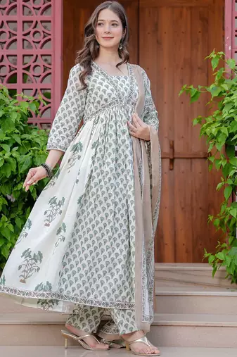 Women Floral Printed Empire Mirror Work Pure Cotton Kurta with Trousers & With Dupatta