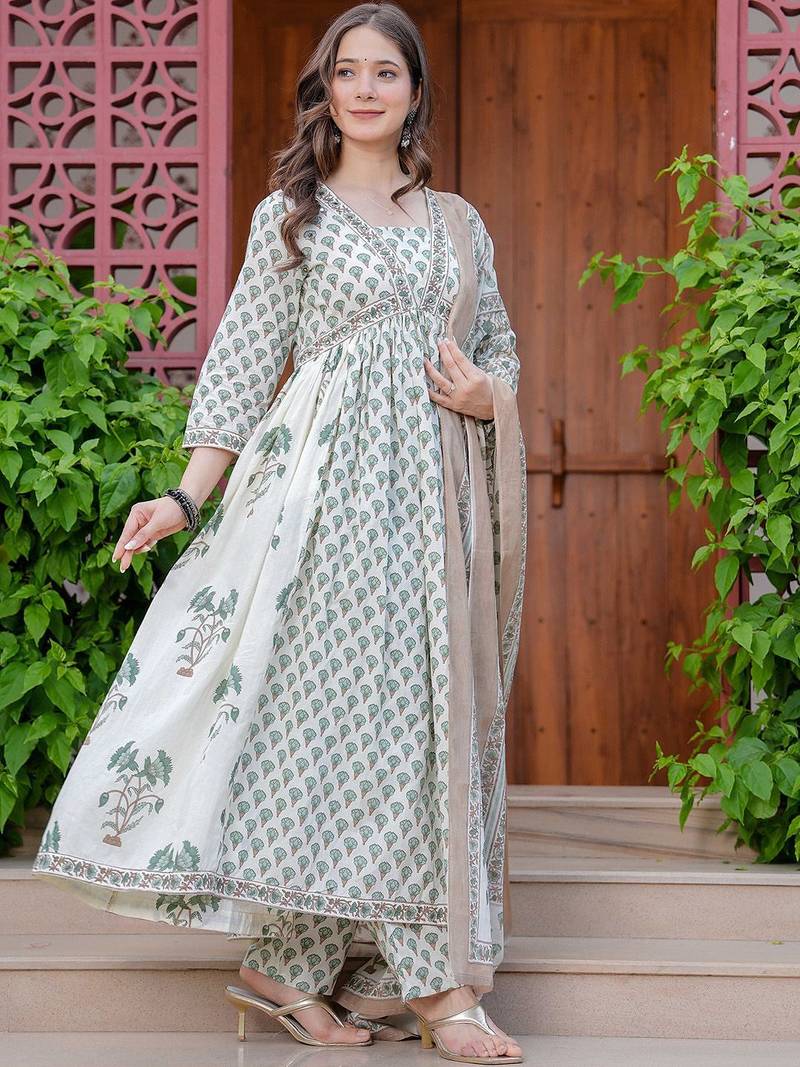 Women Floral Printed Empire Mirror Work Pure Cotton Kurta with Trousers & With Dupatta