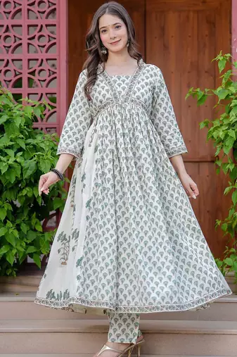 Women Floral Printed Empire Mirror Work Pure Cotton Kurta with Trousers & With Dupatta