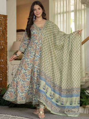 Women Ethnic Motifs Mirror Work Pure Cotton Kurta with Trousers & With Dupatta 1