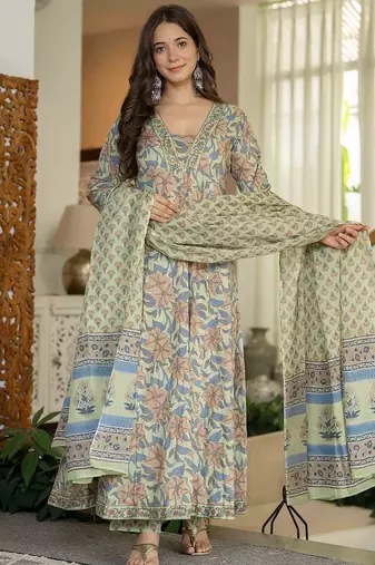 Women Ethnic Motifs Mirror Work Pure Cotton Kurta with Trousers & With Dupatta