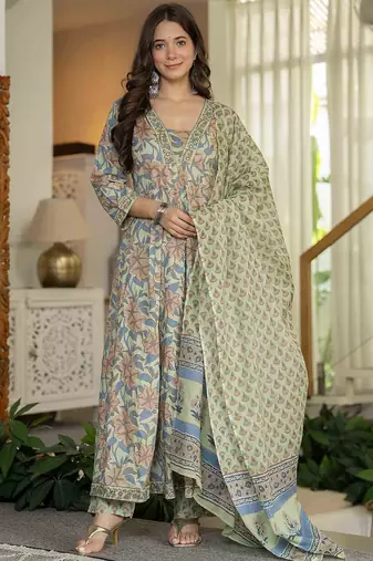 Women Ethnic Motifs Mirror Work Pure Cotton Kurta with Trousers & With Dupatta