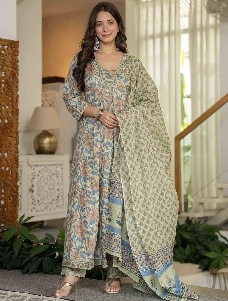 Women Ethnic Motifs Mirror Work Pure Cotton Kurta with Trousers & With Dupatta