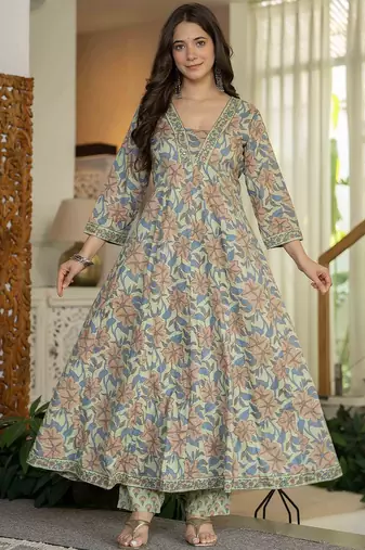 Women Ethnic Motifs Mirror Work Pure Cotton Kurta with Trousers & With Dupatta