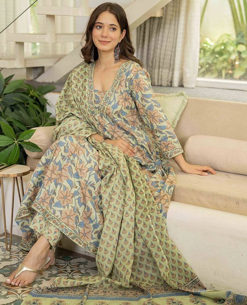 Women Ethnic Motifs Mirror Work Pure Cotton Kurta with Trousers & With Dupatta