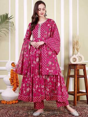 Floral Printed Notch Neck Pure Cotton Anarkali Kurta With Trousers & Dupatta 1