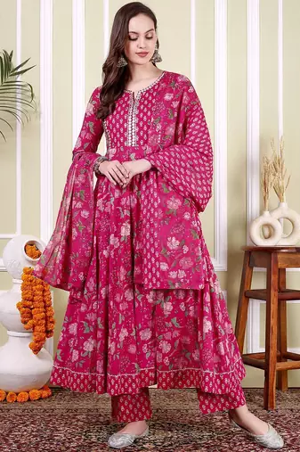 Floral Printed Notch Neck Pure Cotton Anarkali Kurta With Trousers & Dupatta