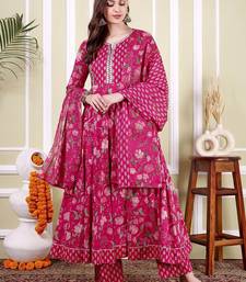 Floral Printed Notch Neck Pure Cotton Anarkali Kurta With Trousers & Dupatta