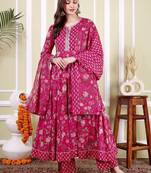 Floral Printed Notch Neck Pure Cotton Anarkali Kurta With Trousers & Dupatta