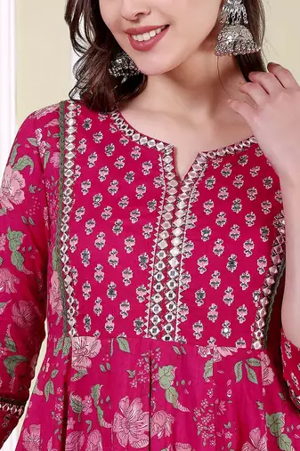 Floral Printed Notch Neck Pure Cotton Anarkali Kurta With Trousers & Dupatta