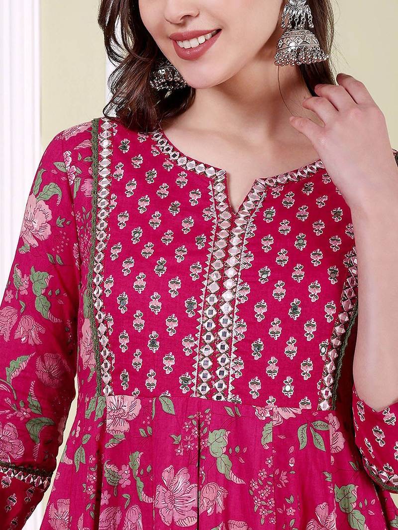 Floral Printed Notch Neck Pure Cotton Anarkali Kurta With Trousers & Dupatta