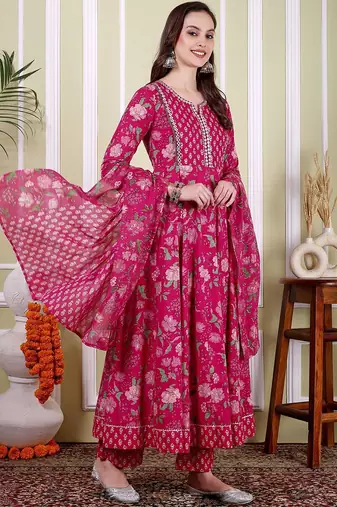 Floral Printed Notch Neck Pure Cotton Anarkali Kurta With Trousers & Dupatta