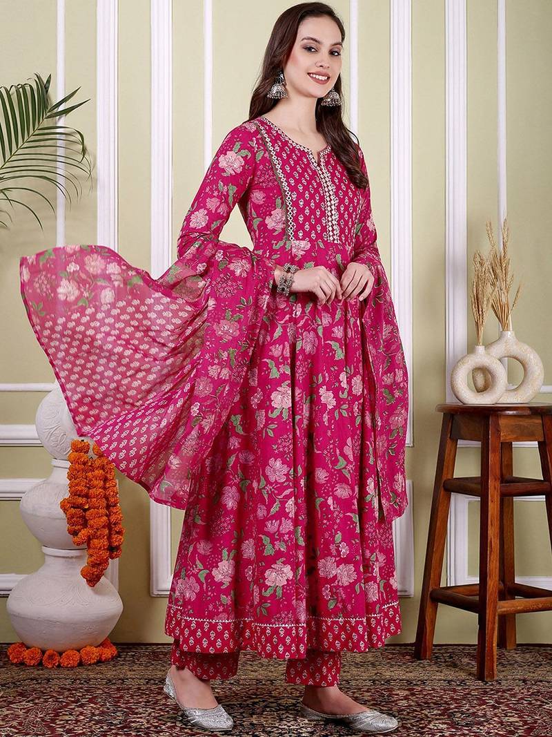 Floral Printed Notch Neck Pure Cotton Anarkali Kurta With Trousers & Dupatta