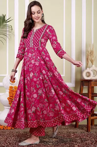 Floral Printed Notch Neck Pure Cotton Anarkali Kurta With Trousers & Dupatta