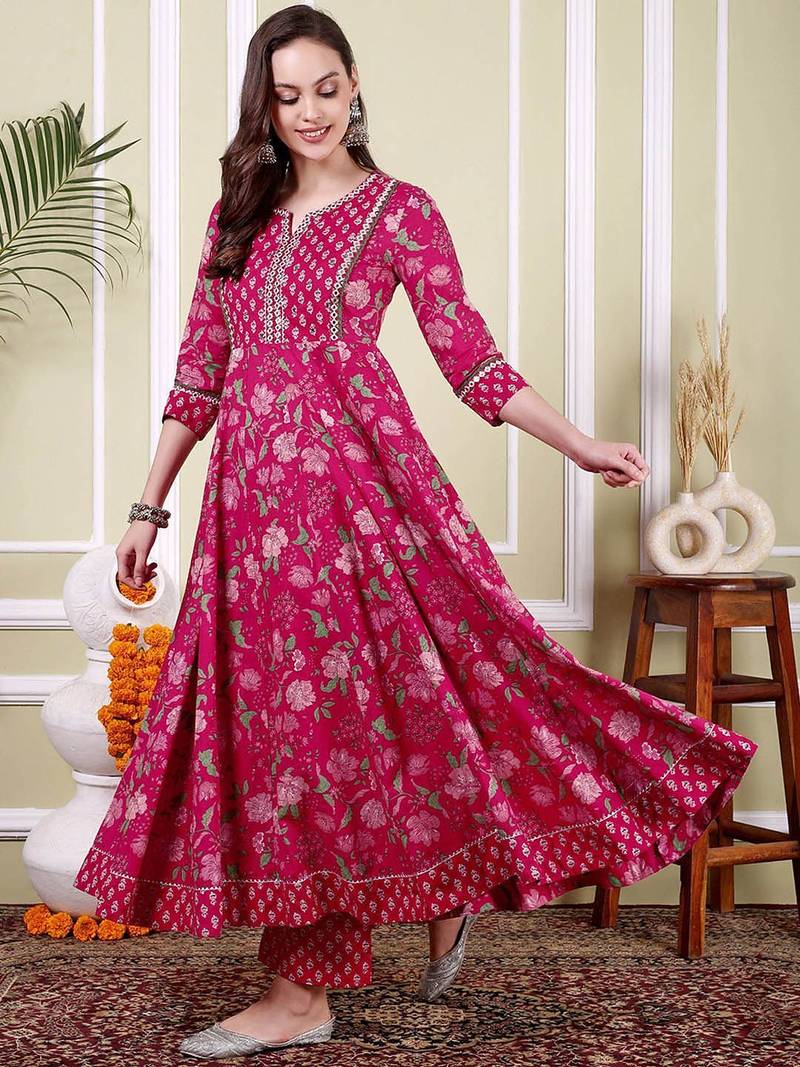 Floral Printed Notch Neck Pure Cotton Anarkali Kurta With Trousers & Dupatta