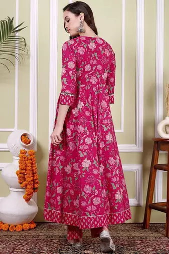 Floral Printed Notch Neck Pure Cotton Anarkali Kurta With Trousers & Dupatta