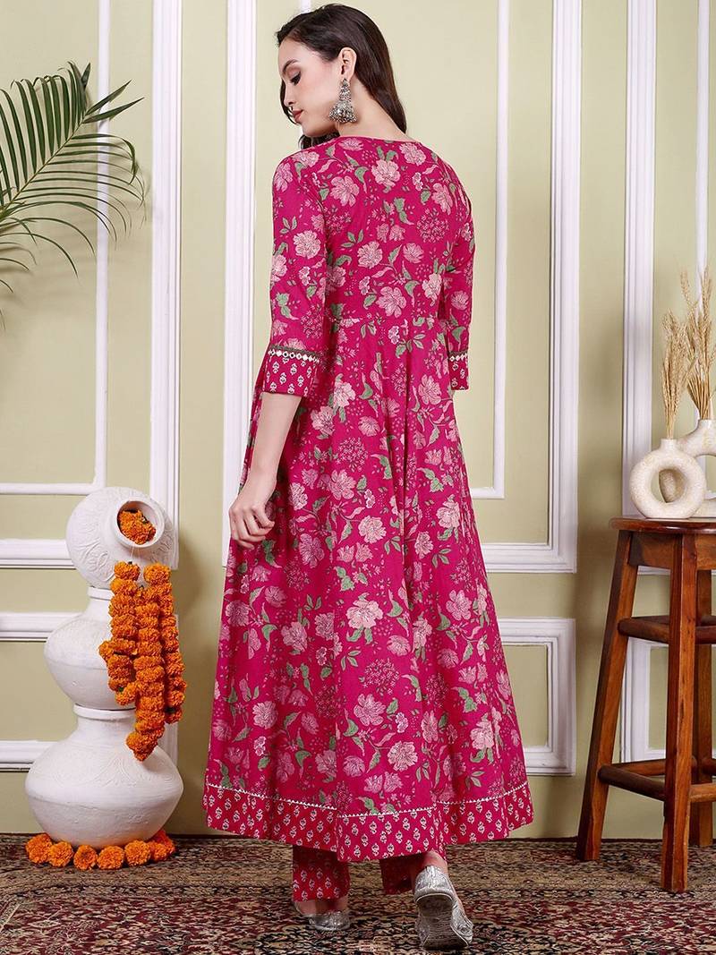 Floral Printed Notch Neck Pure Cotton Anarkali Kurta With Trousers & Dupatta