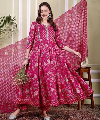 Floral Printed Notch Neck Pure Cotton Anarkali Kurta With Trousers & Dupatta 6