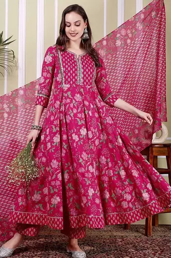 Floral Printed Notch Neck Pure Cotton Anarkali Kurta With Trousers & Dupatta