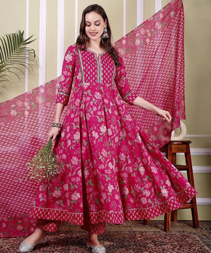 Floral Printed Notch Neck Pure Cotton Anarkali Kurta With Trousers & Dupatta