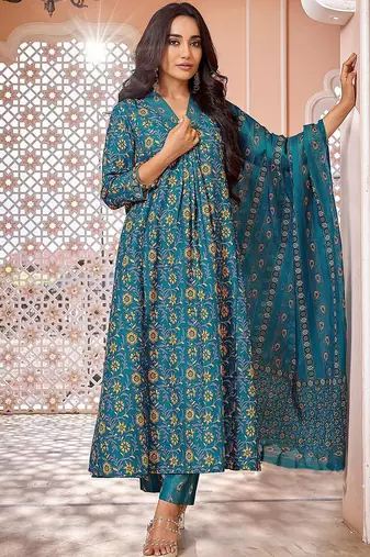 Floral Printed Pleated Anarkali Kurta with Trousers & Dupatta