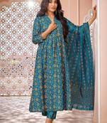 Floral Printed Pleated Anarkali Kurta with Trousers & Dupatta