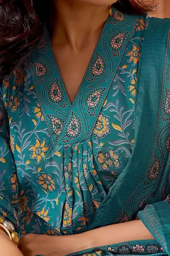 Floral Printed Pleated Anarkali Kurta with Trousers & Dupatta