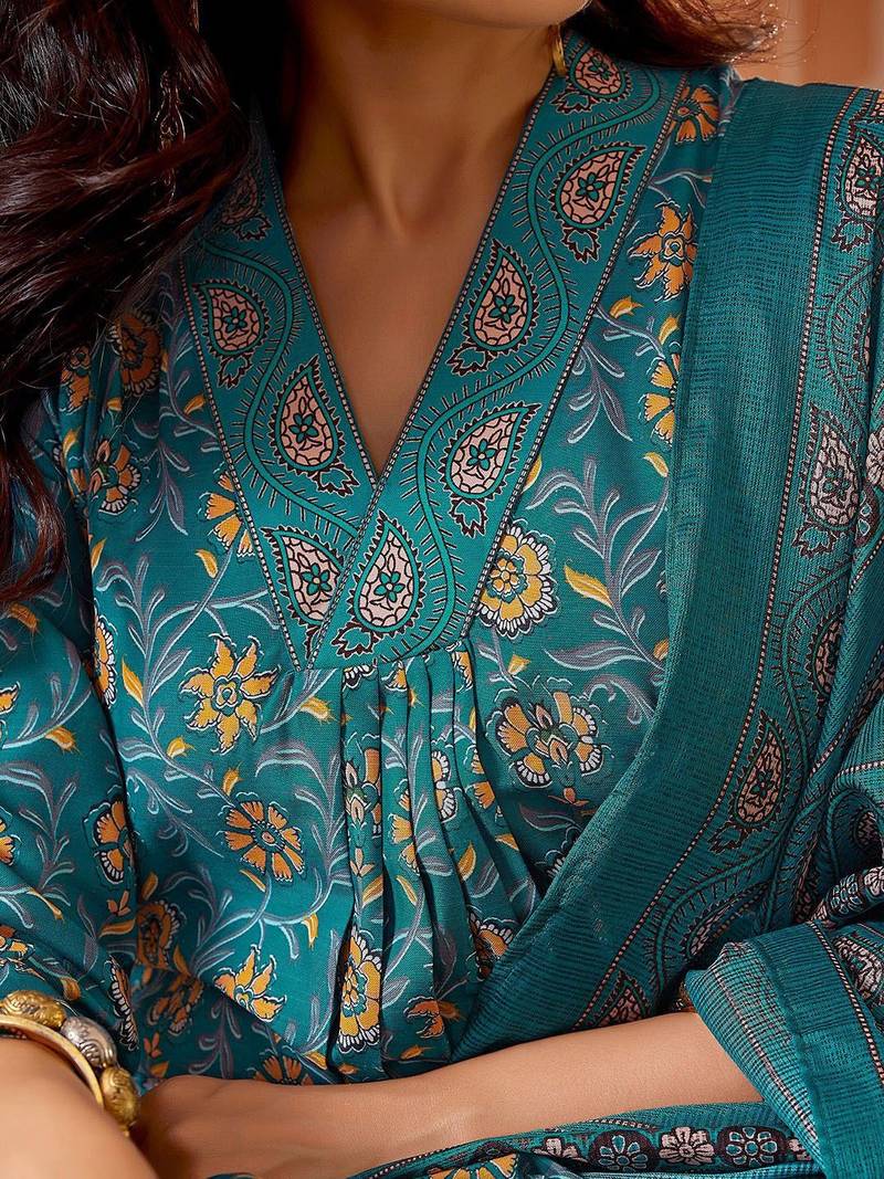 Floral Printed Pleated Anarkali Kurta with Trousers & Dupatta