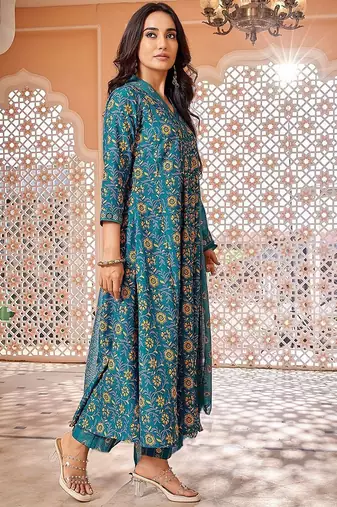 Floral Printed Pleated Anarkali Kurta with Trousers & Dupatta