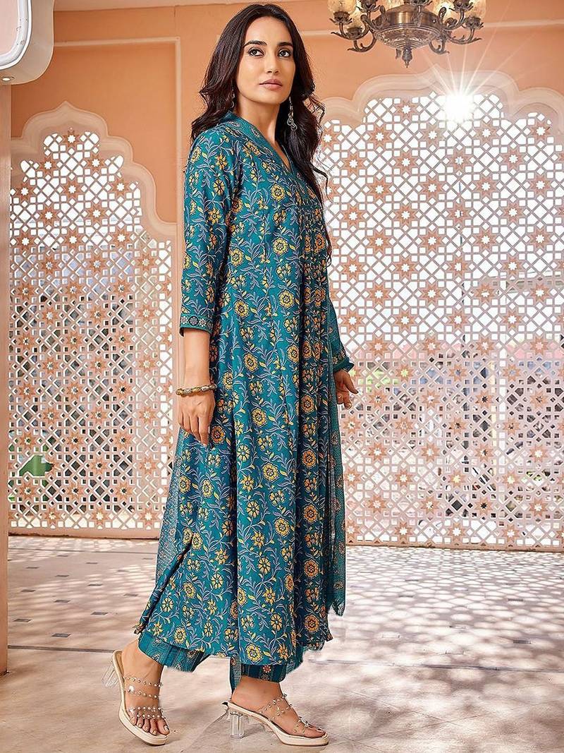 Floral Printed Pleated Anarkali Kurta with Trousers & Dupatta