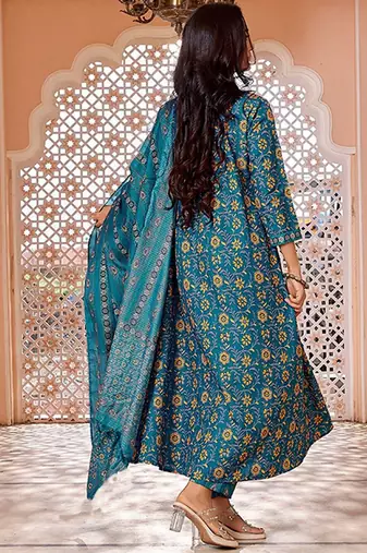 Floral Printed Pleated Anarkali Kurta with Trousers & Dupatta