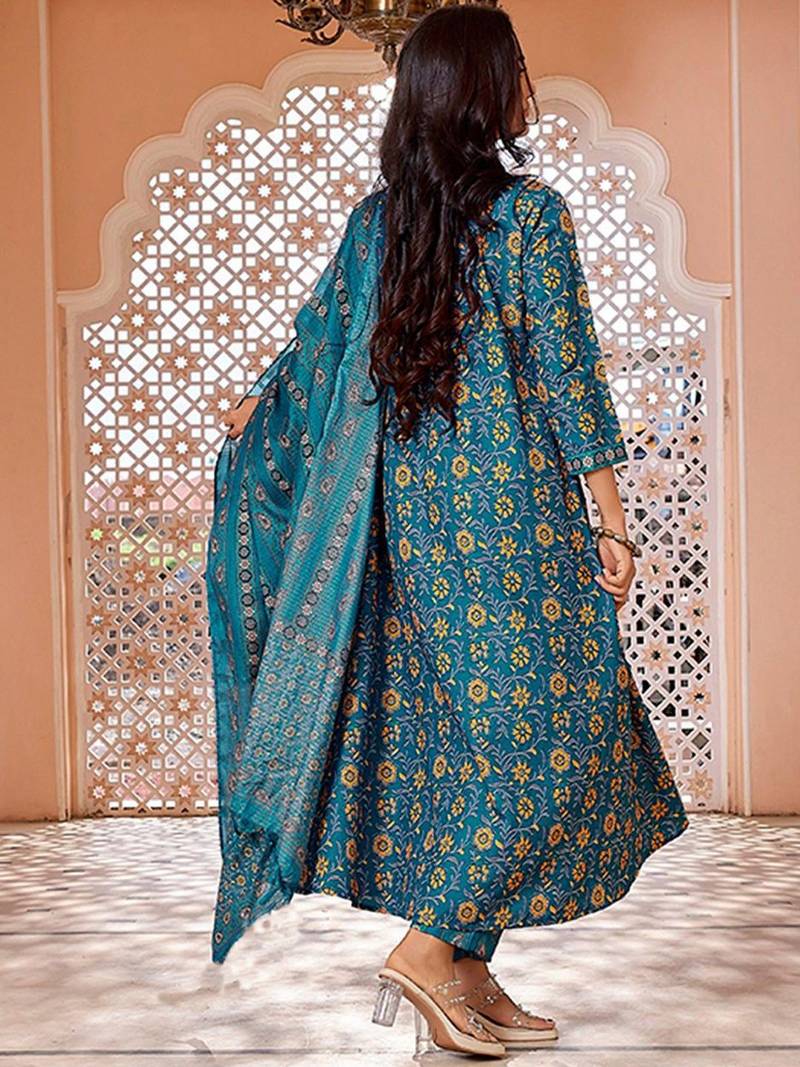 Floral Printed Pleated Anarkali Kurta with Trousers & Dupatta
