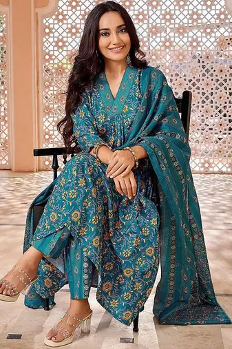 Floral Printed Pleated Anarkali Kurta with Trousers & Dupatta