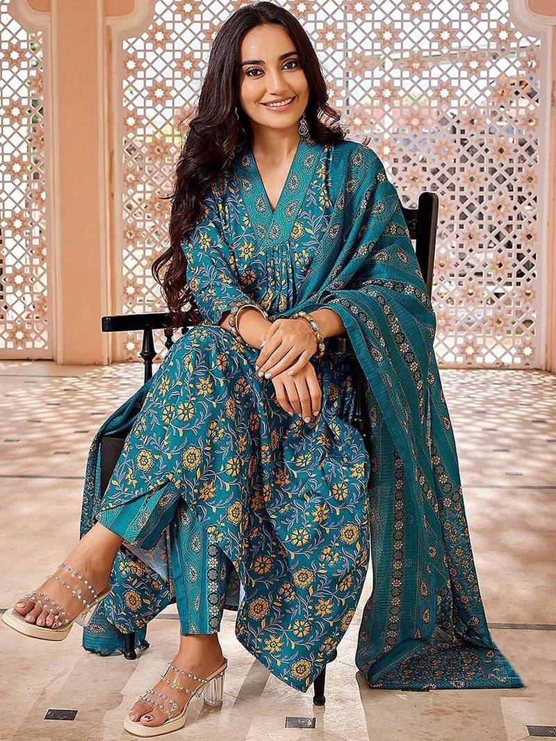 Floral Printed Pleated Anarkali Kurta with Trousers & Dupatta