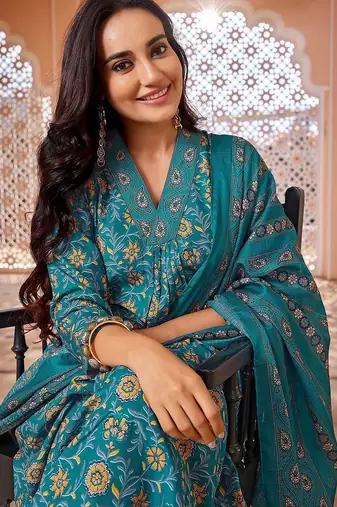 Floral Printed Pleated Anarkali Kurta with Trousers & Dupatta