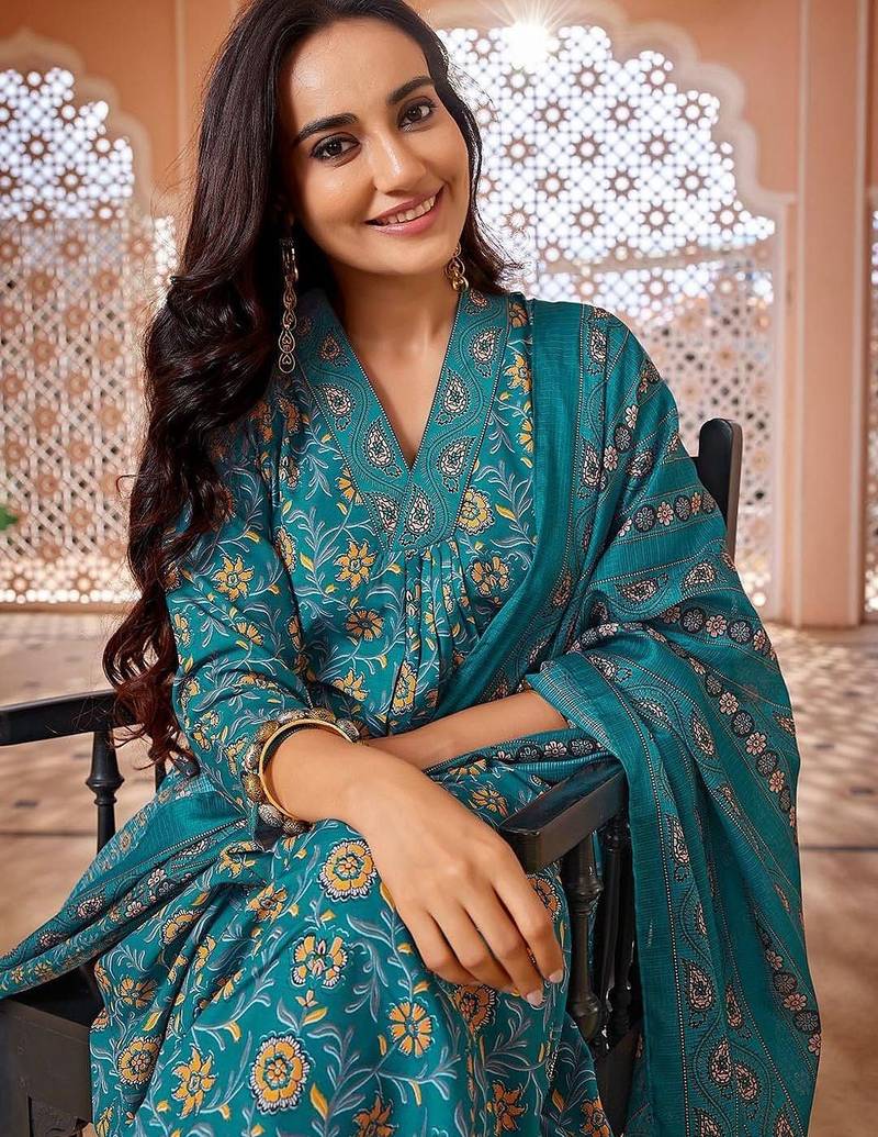 Floral Printed Pleated Anarkali Kurta with Trousers & Dupatta