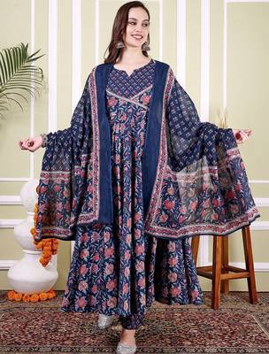 Floral Printed Notch Neck Pure Cotton Anarkali Kurta With Trousers & Dupatta 1