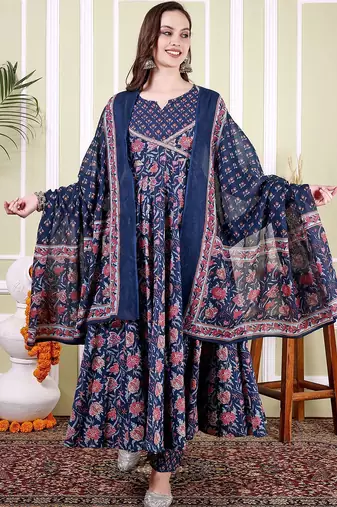 Floral Printed Notch Neck Pure Cotton Anarkali Kurta With Trousers & Dupatta