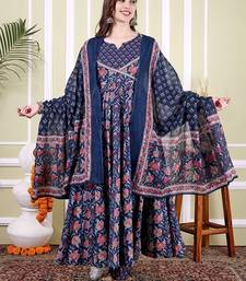 Floral Printed Notch Neck Pure Cotton Anarkali Kurta With Trousers & Dupatta