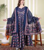 Floral Printed Notch Neck Pure Cotton Anarkali Kurta With Trousers & Dupatta