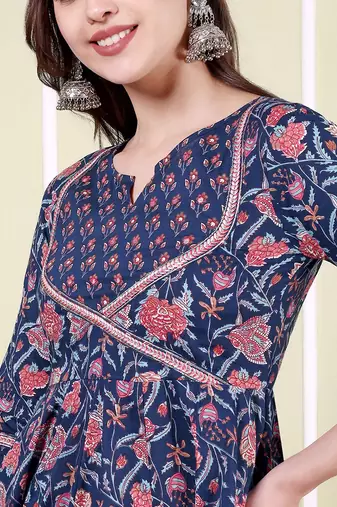 Floral Printed Notch Neck Pure Cotton Anarkali Kurta With Trousers & Dupatta