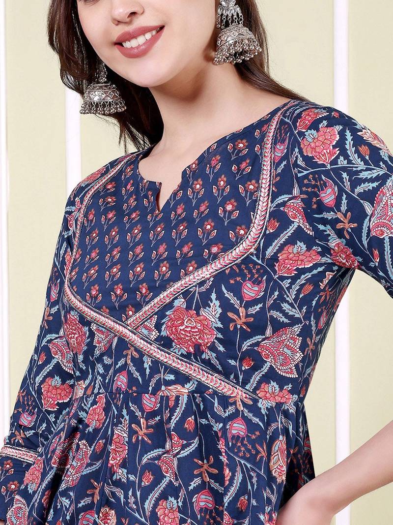 Floral Printed Notch Neck Pure Cotton Anarkali Kurta With Trousers & Dupatta